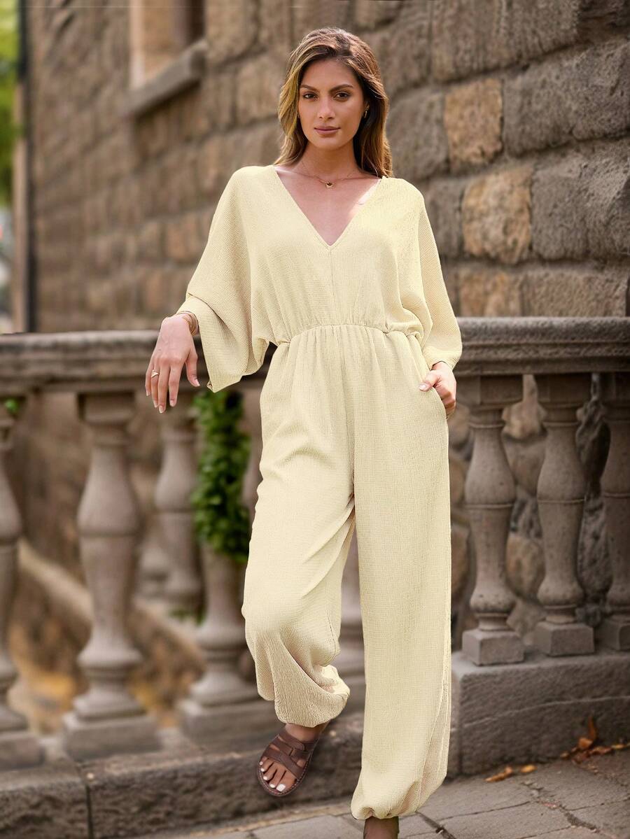Solid Color V-Neck Loose Waist Simple Spring And Summer Drawstring Jumpsuit