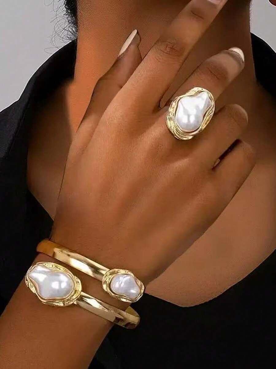 2pcs Fashionable Asymmetrical Teardrop Crystal Bangle Rings Set, Creative Cuff Bracelet And Ring For Women - Set - View 1