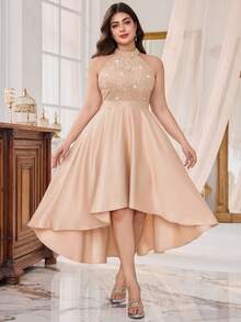 加露背亮片蕾丝拼接撞色缎面高低 A 字下摆晚会礼服、毕业礼服、优雅舞会半正式婚礼宾客礼服，适合生日、返校节 - 香檳色 - 查看 2