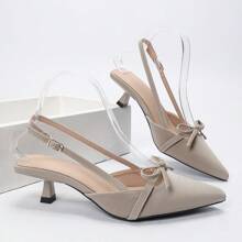 OMS Pointed Toe Thin Heel Sandals Women 2025 Spring Summer New French Style Closed Toe Breathable Backless Mid Heel Fashion Dress Pumps, Adjustable Strap, Light Beige, Kitten Heel, All Season