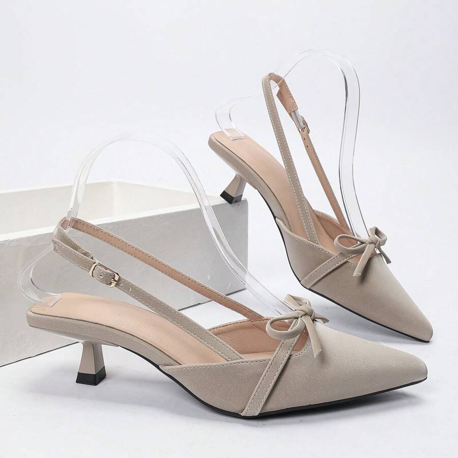 OMS Pointed Toe Thin Heel Sandals Women 2025 Spring Summer New French Style Closed Toe Breathable Backless Mid Heel Fashion Dress Pumps, Adjustable Strap, Light Beige, Kitten Heel, All Season