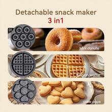 HONGMEI Waffle Maker Donut Maker, 3 In 1 Electric Cartoon Snack Cake Machine,Waffle Sandwich Detachable Dessert Toaster, With 3 Removable Interchangeable Non Stick Plates, Breakfast Afternoon Tea Use