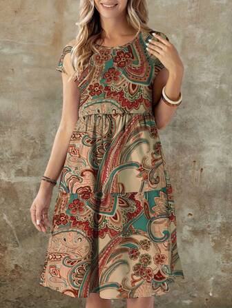 夏季新款女式休闲印花短袖连衣裙夏装度假装女装；毕业礼服，毕业装