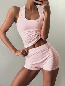 Women's Two Pieces Running Exercise Sports Leisure Home I-Vest And Tight Shorts Set - Cherry Blossom Pink - View 3