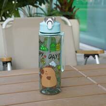 1 个 23 盎司/700 毫升可爱耐用太空杯，户外休闲运动，可爱卡通水豚主题印花，塑料水瓶，防漏，带盖和吸管，配有编织手柄带，适合户外露营、野餐、学校、旅行、节日礼物、母亲节、复活节、独立日、生日礼物