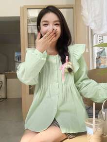 Damska elegancka bluzka z długim rękawem i falbaną w stylu francuskim, luźna plisowana bluzka z okrągłym dekoltem, wiosna/lato