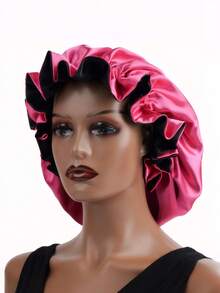 1 件装双层撞色缎面睡帽，大号褶边发套，美容护发头带帽