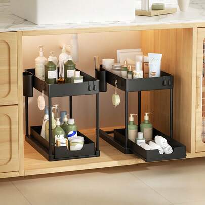Organizador de fregadero negro con 1 cajón, adecuado para almacenamiento en gabinetes de baño y cocina, cesta de almacenamiento, estantería deslizable multifuncional de plástico ABS, organizador de hogar, se adapta a espacios pequeños