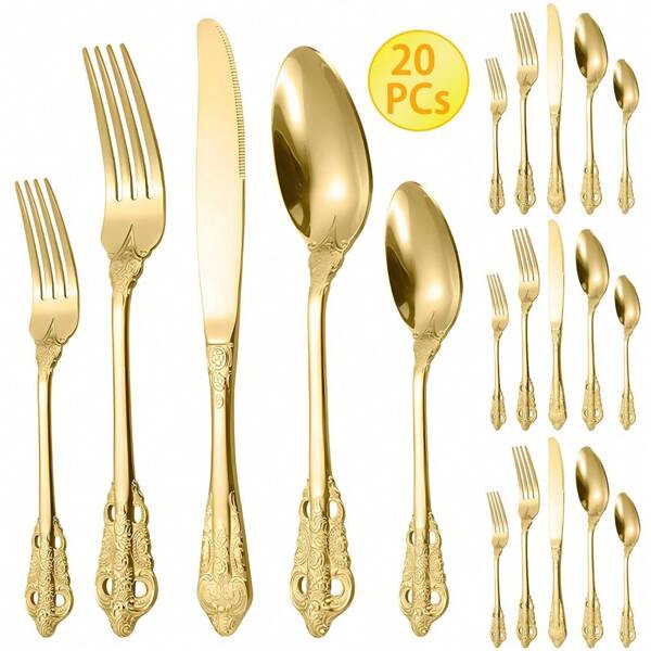 Conjunto de Talheres de Aço Inoxidável Dourado Real Banhado a Ouro, 20 Peças, Serviço para 4 Pessoas, Conjuntos de Talheres Duráveis de 20 Peças para Casamentos e Festas, Conjunto de Talheres de 20 Peças Lavável na Máquina de Lavar Louças, Artigos Escolares