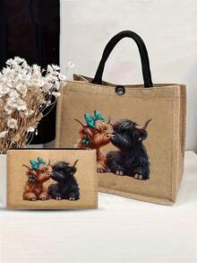 Adorable Highland Cow Printed Tote Bag, Large Capacity Tote Bag,Tote Bag And Makeup Pouch Set,Lightweight Large Capacity Tote Bag, Reusable Burlap Shopping Bag, Portable Travel Beach Bag With Makeup Bag, Travel Handbag For Holiday Vacation Weekend Getaway Short Trip,Personalized Birthday Gifts Present For Friend Her,Teacher's Day, Nurse's Day, Birthday, Anniversary, Best Gift For Mother's Day, Cute Highland Cow Bag For Women