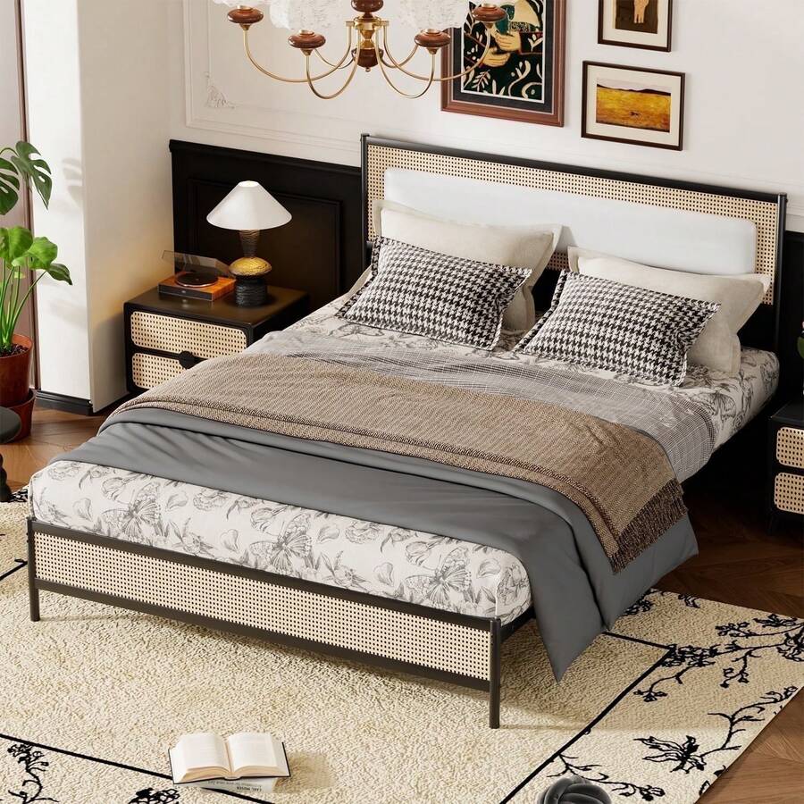Full Size Rattan Bed Frame Metal Platform Bed With Headboard No Box Spring Needed Beige