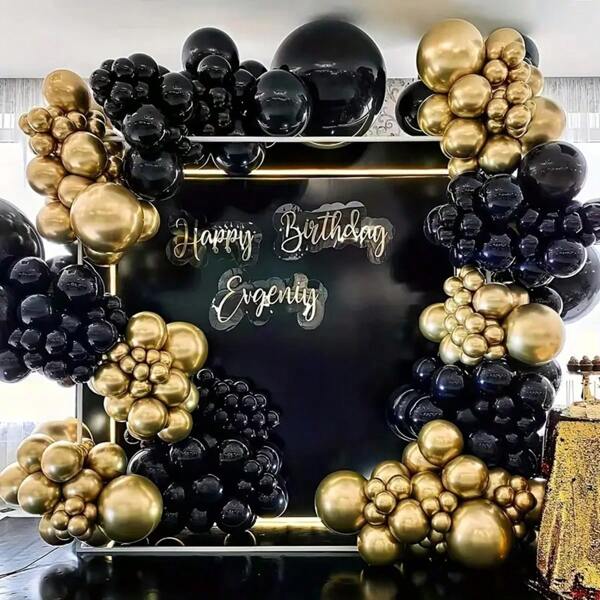 142 Peças Kit de Guirlanda de Balões de Látex Preto e Dourado para Decoração de Bottom para Festa Interna, Temporada de Formatura, Noivado, Casamento, Aniversário, Aniversário, Decoração de Suprimentos