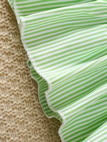 2pcs/Set Baby Girls Cute Cap Sleeve Striped Top And Bow Shorts With Headband, Spring/Summer - Green - View 8