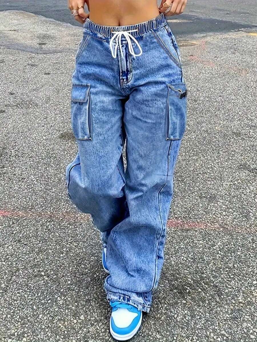 Ladies' Workwear Jeans, Drawstring Waist, Practical Multi Pocket DesignVersatile In All Seasons Christmas Outfit Women,Winter Clothes For Women New Years Outfit Women Vacation Outfits Women Birthday Dresses For Women Y2k Pants Baggy Jeans Women - Màu xanh lam - Xem 1