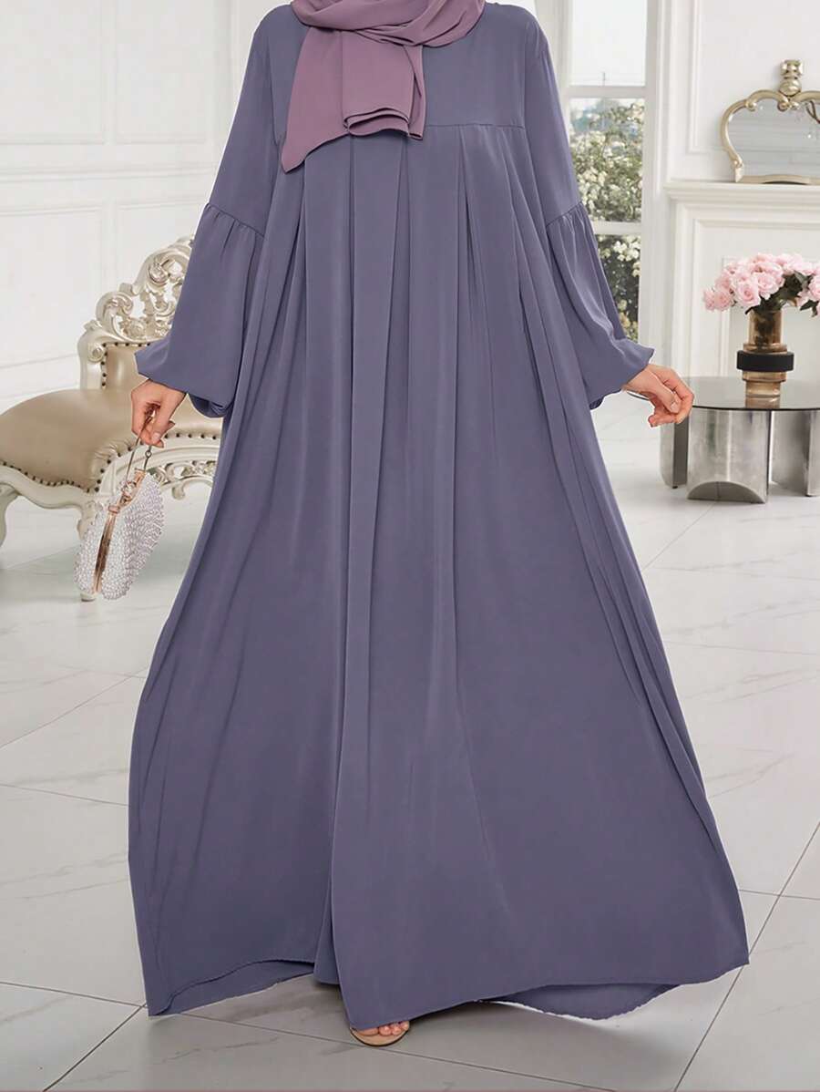 1pc Solid Color Robe Abaya Robe With Ruched Chest And Sleeves, Fashion Versatile, Suitable For Casual, Leisure, Prayer