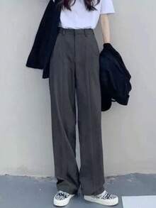 2025春夏女装纯色口袋褶皱直筒宽松休闲裤 - 灰色 - 查看 3