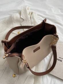 1pc Letter Contrast Color Strap Large Capacity Tote Bag, Versatile Shoulder Bag Suitable For Women To Commute - Khaki - View 4