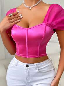 1pc Pink Sexy Backless Spaghetti Strap Camisole Midriff Baring Crop Top Corset