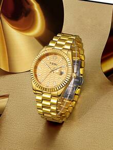 TOMI石英男士手表套装，配星月胸针戒指，时尚商务石英表礼盒，适合日常生活、商务活动、父亲节、情人节、圣诞节等场合。