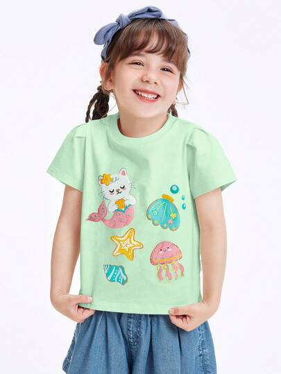  Balabala Parte superior de verano para niña joven, camiseta de cuello redondo de manga corta con estampado lindo de gatito y sirena, color verde