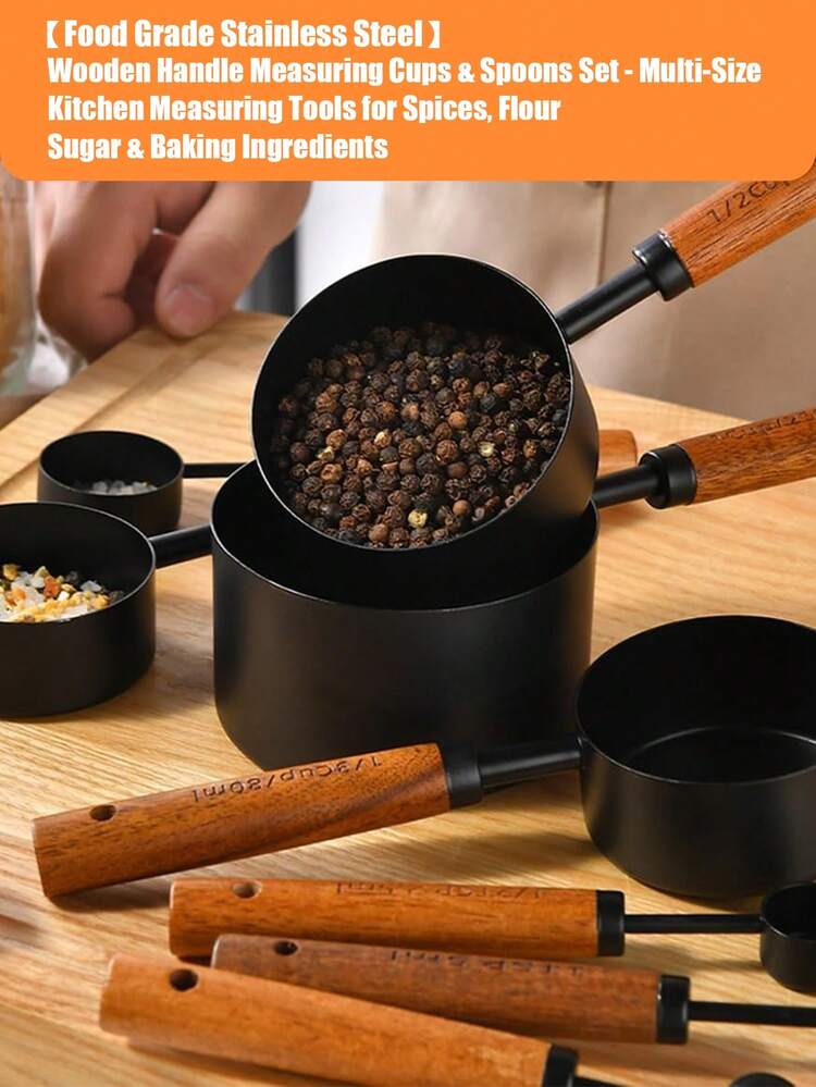 4/8Pcs Stainless Steel Measuring Cups And Spoons Set With Wooden Handle, Multiple Colors - Versatile Cooking And Baking Tools - Measuring Cups Set With Graduations - Kitchen Essentials, Food, Cooking, Travel, Kitchen Supplies, Kitchen Utensils. Multiple Colors, Multiple Sizes, Stackable Storage To Meet Your Different Needs - Multicolor - View 3