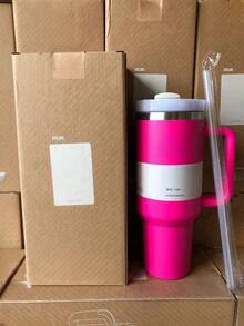 Outdoor Sports Water Bottle 40 Oz H2.0 Insulated Mug With Handle, Double Vacuum Insulated Stainless Steel Water Bottle, High Quality Summer Drinking Portable Handheld Water Bottle, Travel Mug, Iced Coffee Mug, Perfect Gift Choice For Outdoor Camping, Hiking, Driving, Traveling - Màu Hồng Tươi - Xem 3