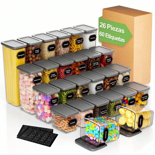 52 Piezas (26 Tarros + 26 Tapas) Juego de Almacenamiento de Alimentos con Etiquetas, Organizador de Cocina, Cajas de Almacenamiento de Plástico Selladas con Tapas para Cereales, Harina, Granos de Café, Copos de Maíz, Pasta 2.5L 1.8L 1.3L 0.75L