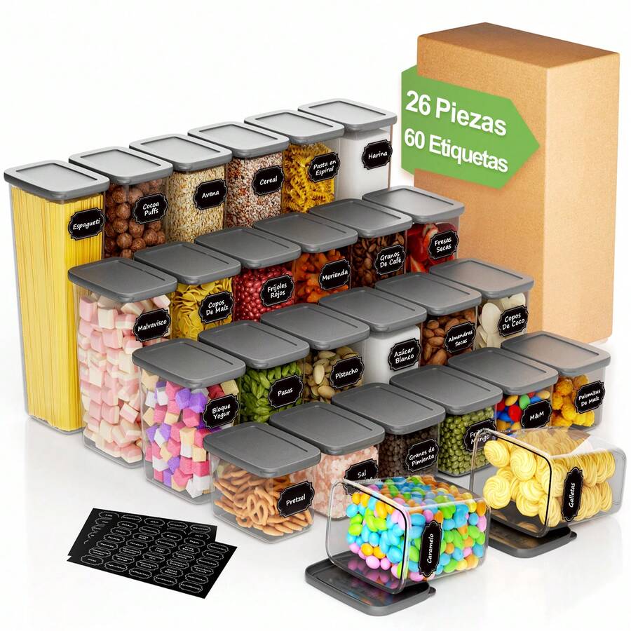 52-Piece (26 Jars + 26 Lids) Food Storage Set With Labels, Kitchen Organizer, Sealed Plastic Storage Boxes With Lids For Grains, Flour, Coffee Beans, Cornflakes, Pasta 2.5L 1.8L 1.3L 0.75L - Xám - Xem 1