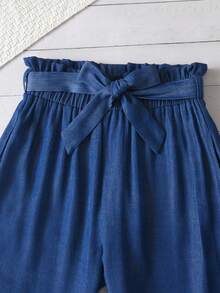 1pc Denim Effect Fabric Comfortable Teens/Juniors Girls Pants With Belt, Suitable For Daily Outings - Royal Blue - View 4