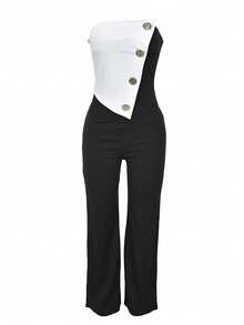 Fashion Women's Solid Color Sleeveless Black Elegant Jumpsuit New For Graduation, Dinner Wedding Spring Party - Black and White - View 6