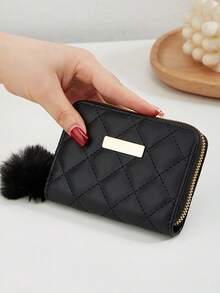 Short Wallet, Minimalist Fashion Coin Purse, Quilted Student Card Holder, Plush Ball Bag - Multicolor - View 5