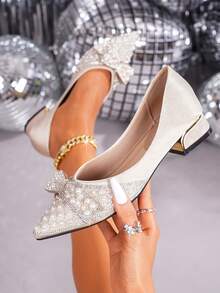 Women's Fashion Glamorous Crystal Bow Decor Slip-On High Heel Shoes For Outdoor Party - Apricot - View 8
