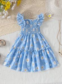 Young Girl Sleeveless Ruffled Hem Floral Print Dress, Summer