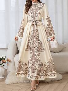 Women's Resort Paisley Muslin Long Dress (Random Print) - Apricot - View 5