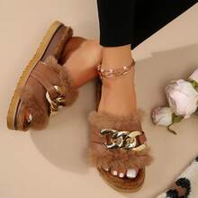 Women's Metallic Chain Sandals - Fluffy & Open Toe For Winter Wear - màu nâu - Xem 4