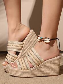 Summer High Platform Waterproof Wedge Heel Rhinestone Decor Braided Strap Slip-On Sandals For Women, Super High Heel - Khaki - View 4