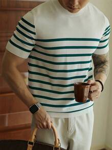 Top de malha listrado casual masculino de manga curta