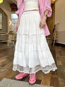 High Waist Lace Trim Slimming White A-Line Skirt, Suitable For Winter, Christmas, Spring Festival, New Year Outfits