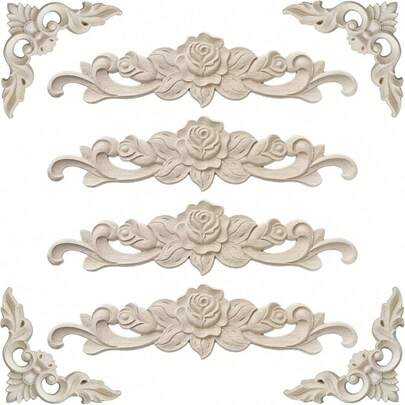 8pcs Wooden Decorative Pieces, Vintage Cow Horn Wooden Carving Decals For Furniture, Beds, Doors And Windows DIY Craft, European Style Wooden Carving Holiday Decor