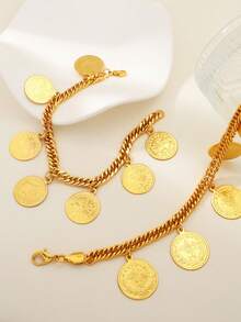 1 件奢华镀金硬币手链金色时尚里拉手镯阿拉伯男女婚礼派对珠宝 - 金黃色 - 查看 6