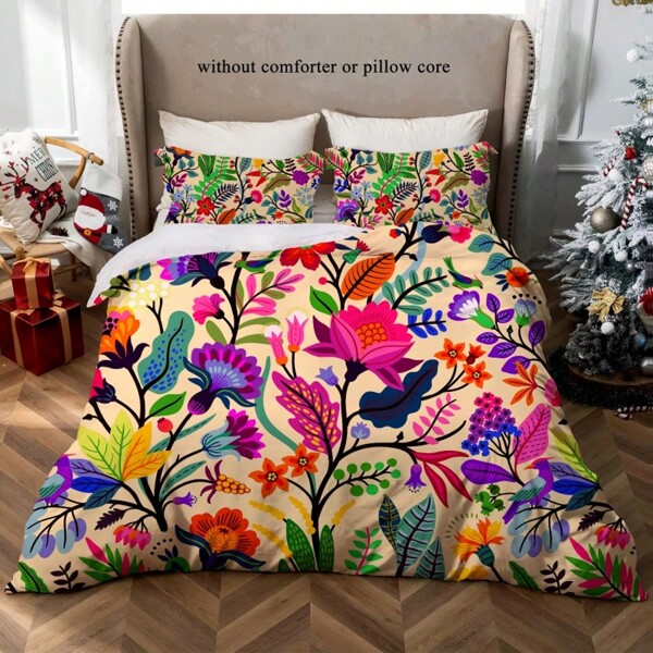Juego de ropa de cama de 3 piezas con estampado floral colorido (1 funda nórdica y 2 fundas de almohada) Funda nórdica de plumón suave y transpirable, adecuada para todas las estaciones, decoración de otoño, decoración de la habitación