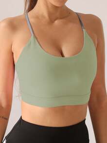 1件装女士六根细带扇形吊带支撑瑜伽运动文胸，轻薄衬垫无钢圈无缝夏季运动文胸 - 綠色 - 查看 2