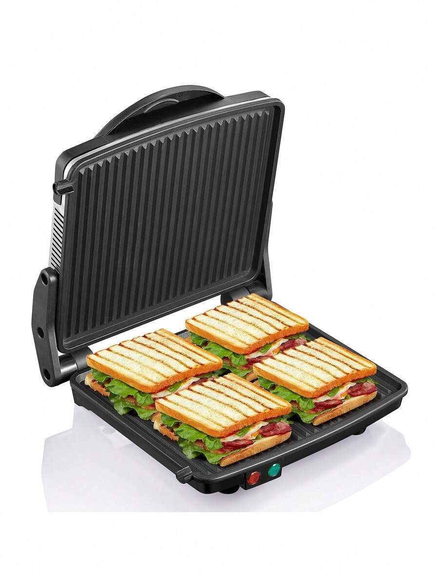 Yabano Panini Press Grill, Gourmet Sandwich Maker Non-Stick Coated Plates 11" X 9.8", Opens 180 Degrees To Fit Any Type Or Size Of Food, Stainless Steel Surface And Removable Drip Tray, 4 Slice - 美規A型插(110-127V) - 查看 1
