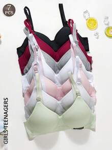 7pcs/Set Teen GirlRibbed Triangle Cup Bras, Comfortable & Breathable, Suitable For 13-16 Years Old - Multicolor - View 1
