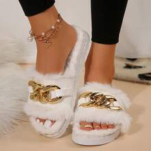 Women's Metallic Chain Sandals - Fluffy & Open Toe For Winter Wear - trắng - Xem 9