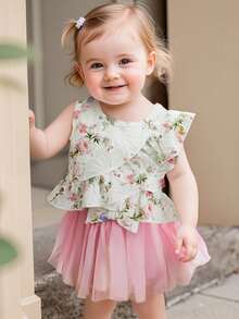 Toddler Baby Girl Summer Outfit Flower Pattern Ruffled Crew Neck Sleeveless Tops And Bow Mesh Skirt 2 Pcs Set - White - View 3