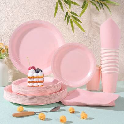 Set de vaisselle jetable rose clair, assiettes de 7/9 pouces, serviettes, gobelets en papier, cadeaux pour anniversaire, décorations de fête, convient pour les fournitures de fête à thème anniversaire