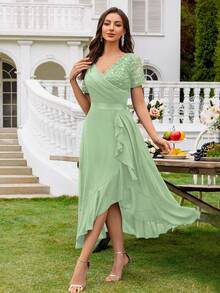 MIUSOL V领亮片蕾丝撞色雪纺荷叶边下摆优雅舞会礼服，适合婚礼宾客、正式晚宴及其他夏季场合。 - 薄荷綠 - 查看 6