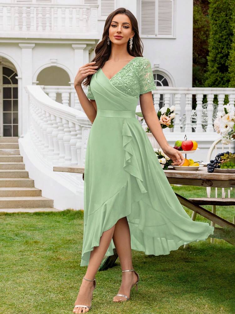 MIUSOL V-Neck Sequin Lace Contrast Color Chiffon Ruffle Hem Elegant Ball Gown Skirt, Suitable For Wedding Guest, Formal Dinner And Other Occasions - Mint Green - View 5