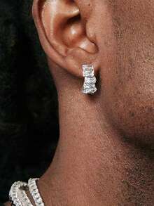 Nooxian 1 Pair Fashionable Asymmetrical Full Rhinestone Earrings For Men, Hip-Hop Style Earrings - Silver - View 1